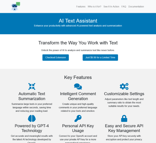 AI Text Assistant is an AI-powered tool that enhances text readability with advanced text analysis and summarization. Ideal for writers