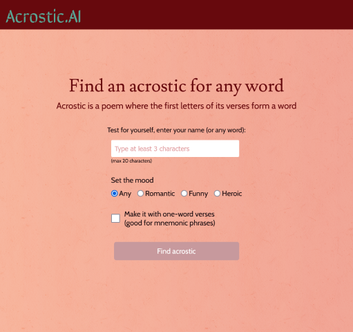 Explore the unique Acrostic.ai app designed to craft acrostic poems effortlessly. Perfect for poetry enthusiasts