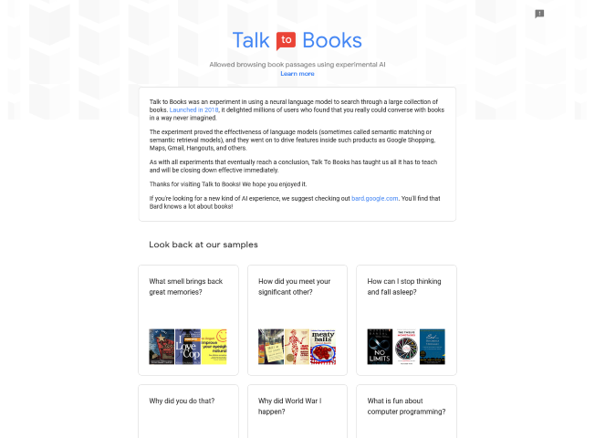 Engage with books like never before using Talk to Books. This AI-driven tool enhances your reading experience by enabling conversations with books to explore ideas and gain knowledge.