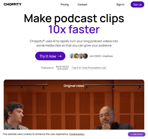 Enhance your podcast videos with Choppity - AI Clips. Effortlessly create engaging content that captivates your audience using advanced AI technology. Learn more about this app today.