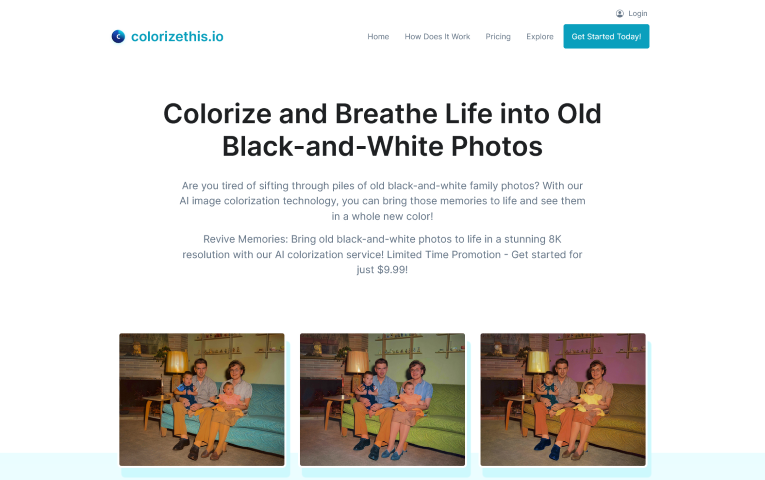 Learn how ColorizeThis.io leverages AI to breathe new life into old black and white photos by adding authentic and vivid colors. Ideal for anyone looking to explore history with a colorful twist.