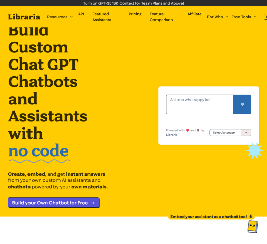 Libraria enables users to design and deploy custom ChatGPT chatbots without coding. Ideal for businesses and customer support teams