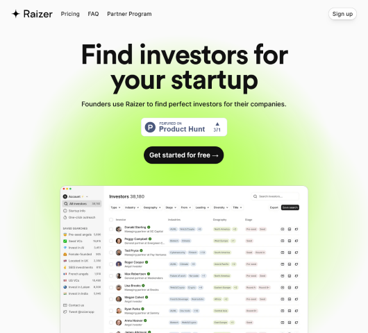 Raizer leverages AI to transform fundraising for startups and entrepreneurs by matching them with relevant investors. Explore its features