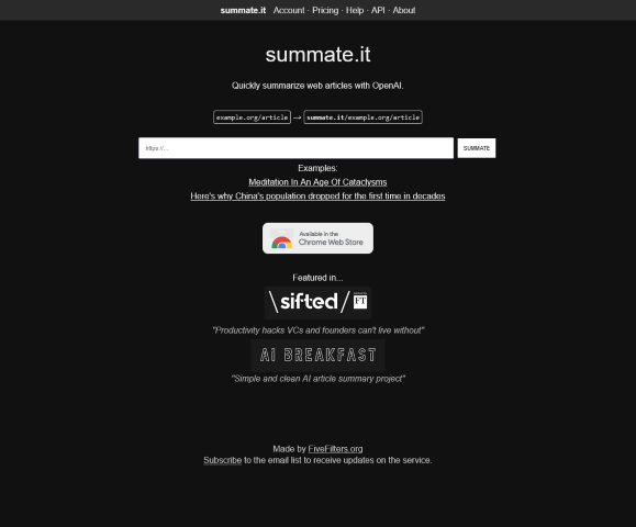 Summate.it is an AI-powered tool that rapidly summarizes web articles