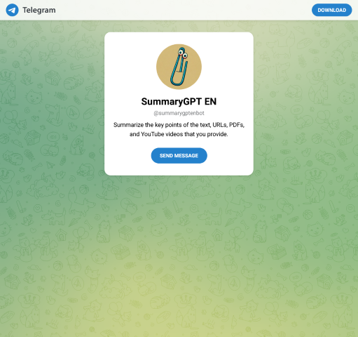 Connect with @summarygptenbot on Telegram and transform your reading experience with quick and concise AI-generated summaries. Ideal for information seekers
