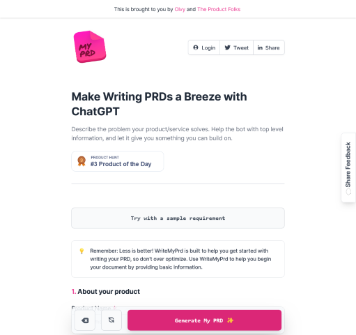 WriteMyPrd utilizes ChatGPT to streamline product requirement document (PRD) creation