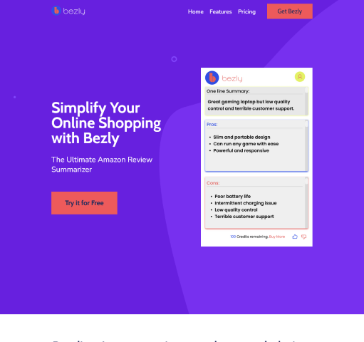Bezly is an advanced AI tool that creates quick summaries of Amazon product reviews