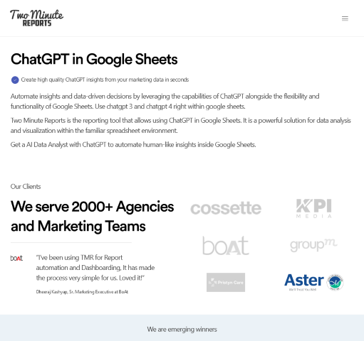 Learn how Two Minute Reports enhances data analysis and visualization in Google Sheets with ChatGPT integration. Ideal for business analysts and productivity enthusiasts.
