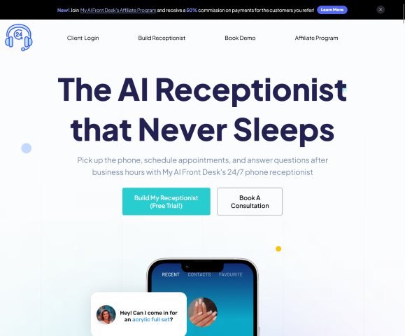 : My AI Front Desk offers an affordable AI Phone Receptionist that enhances customer interactions and streamlines business operations. Perfect for SMEs and businesses at just $44.99.