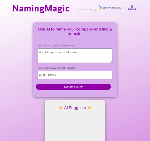 Naming Magic AI generates creative and memorable company names