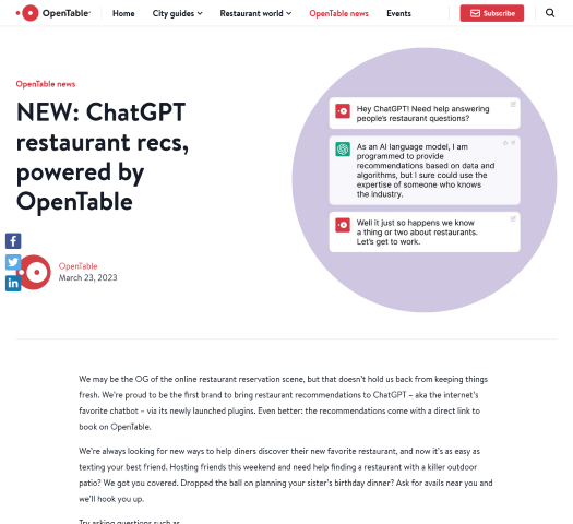 ChatGPT for OpenTable provides AI-driven restaurant recommendations and instant booking