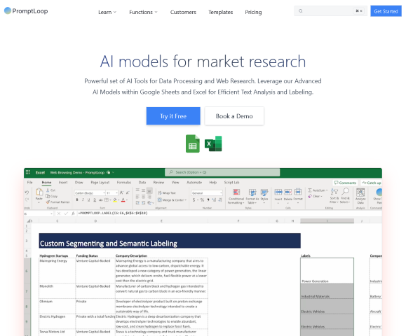 Explore how PromptLoop leverages AI technologies like ChatGPT and Bard to enhance market research. This tool seamlessly integrates with Google Sheets and Excel