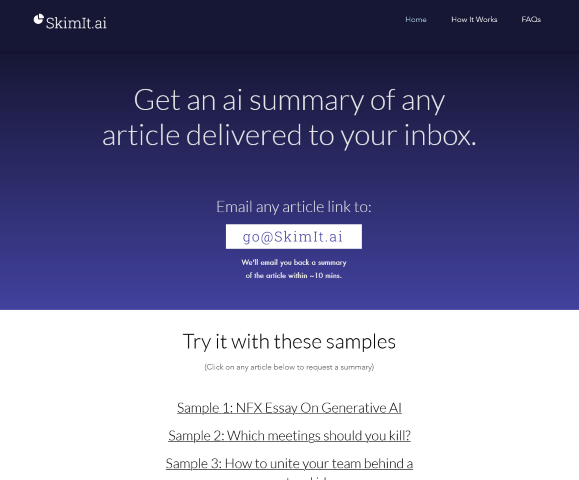SkimIt.ai utilizes advanced AI to distill lengthy articles into brief summaries