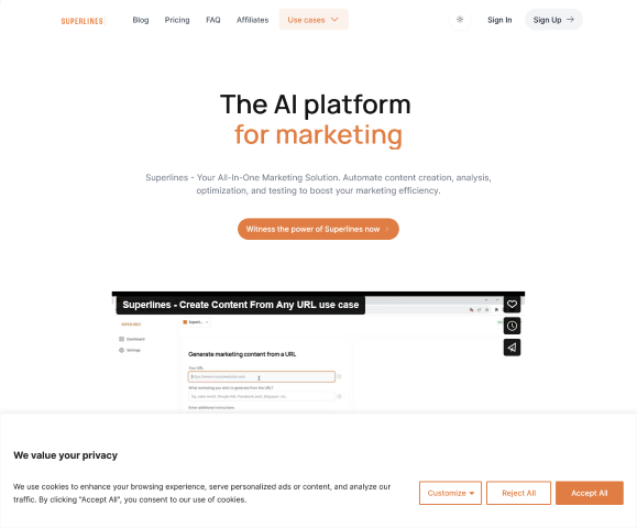 Superlines is an AI-powered marketing tool that enhances efficiency by automating key tasks such as content creation