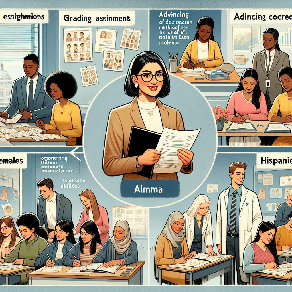 Capable Almma in an academic setting, assisting professors in grading, advising, proctoring, and teaching, showcasing an inclusive and engaged learning environment.