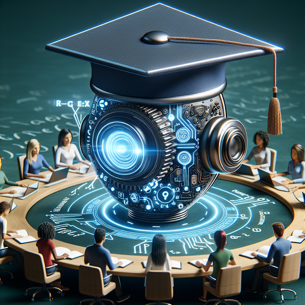 Illustration of Academic Feedback Prompt, symbolizing the impact of AI on academia, showing a generative AI shaped like an academic cap mentoring a diverse group of students and reducing grading time by 90%
