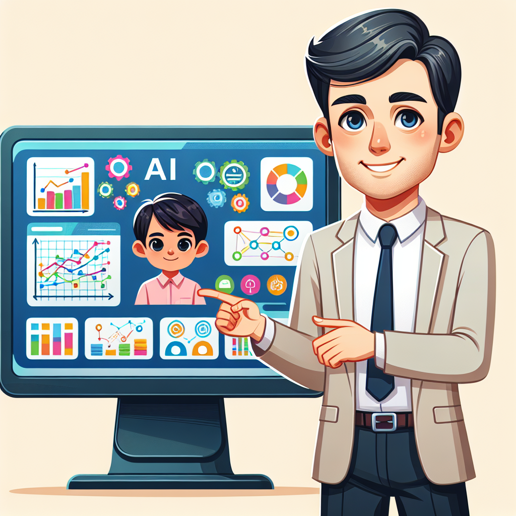 "Cartoon AI professor smiling and pointing to educational graphs on a computer screen for online learning technology.