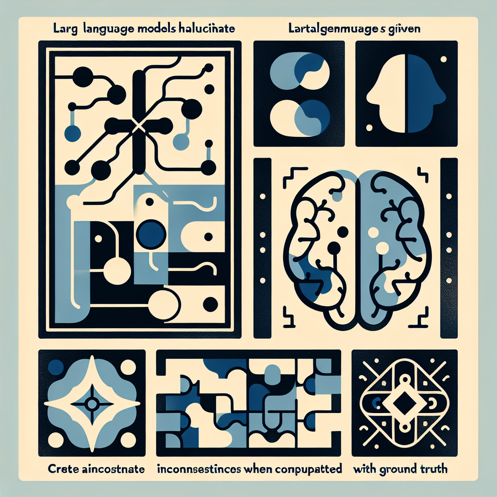 Alt Text for the Image: "Abstract concept art featuring dark blue silhouettes representing large language models on one side and light cream-colored complex patterns on the other to depict the real world, signifying the AI 'hallucinations' concept.