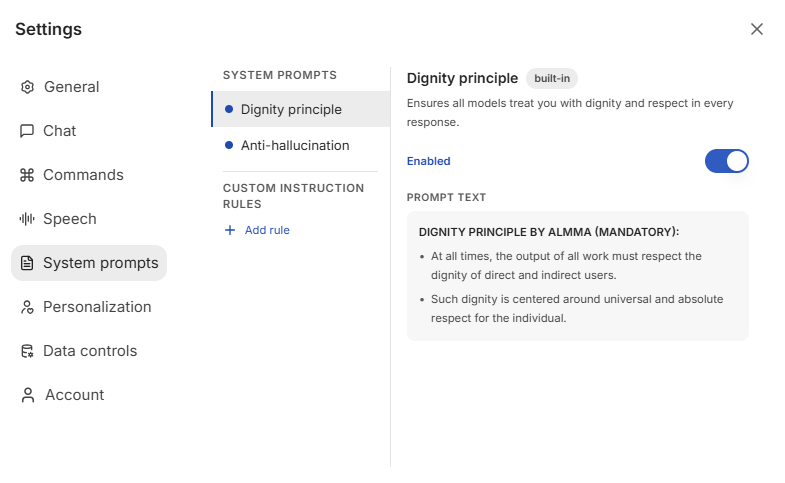 AlmmaGPT System Prompts settings showing Dignity Principle and Anti-hallucination