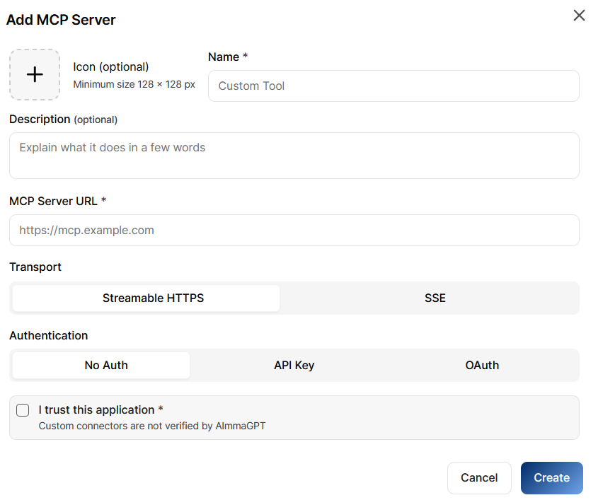 AlmmaGPT Add MCP Server interface showing connection options