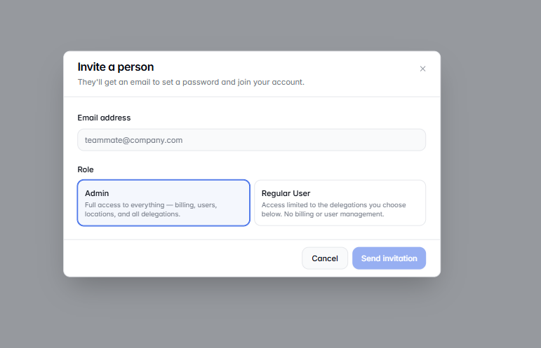 Invite a person modal with Admin selected